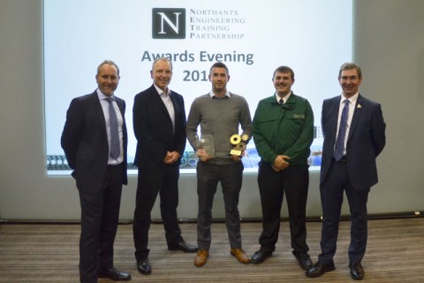 Dan Bailey (University Academic Lead NETP), Dom Goring (Production Manager, Abaco Systems), Ged Warburton (NETP placement student) Peter Austin (Alumni student and BIW Manufacturing Engineer, Jaguar Land Rover), John Sinclair (Dean, Faculty of Arts, Science and Technology)